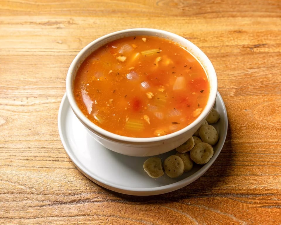 A white bowl of tomato-based soup with vegetables and crackers on a wooden table.