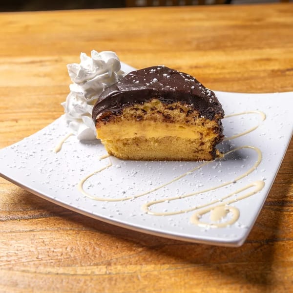 Slice of chocolate-covered cake with cream filling, whipped cream, and powdered sugar on a white plate.