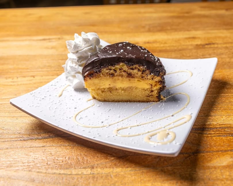 Slice of chocolate-covered cake with cream filling, whipped cream, and powdered sugar on a white plate.